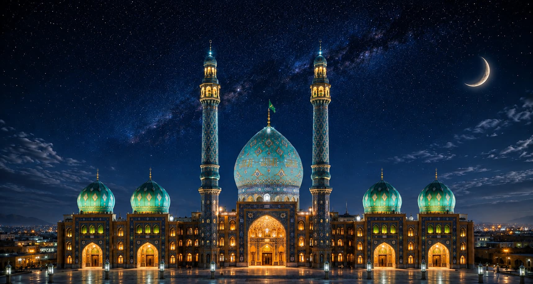 Mosquée illuminée au-dessus des nuages sous un ciel étoilé